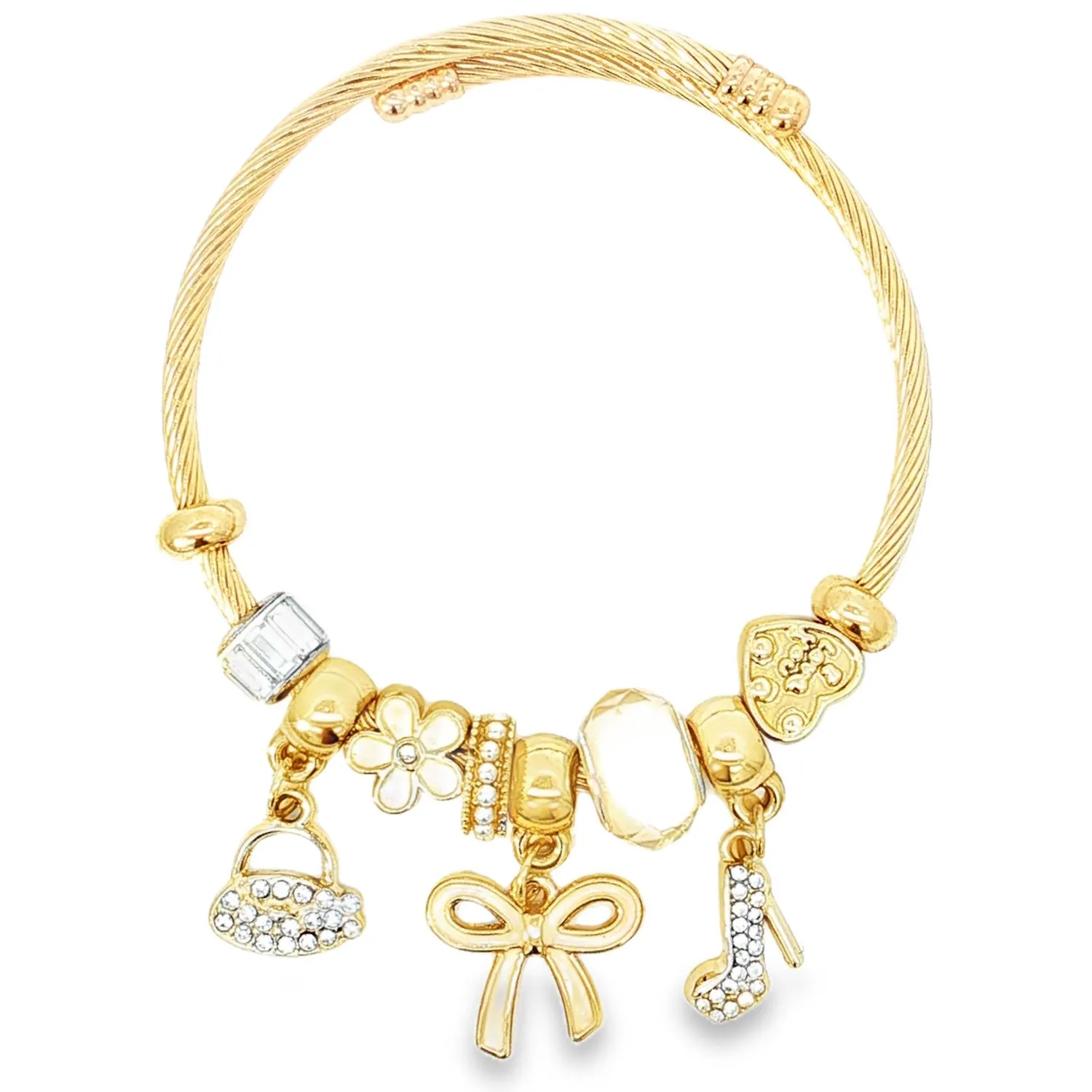Bracelet jonc câblé doré orné de breloques nœud, escarpin et sac