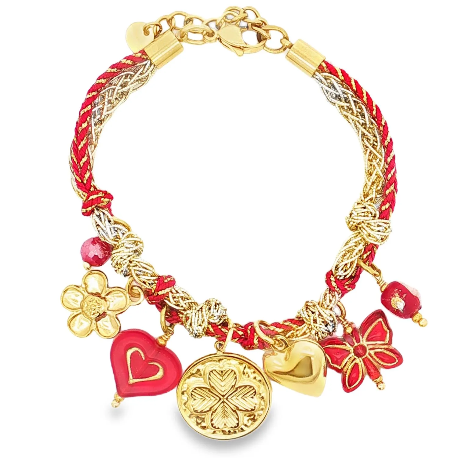 Bracelet acier doré tressé de fil rouge avec breloques cœur, trèfle et fleur