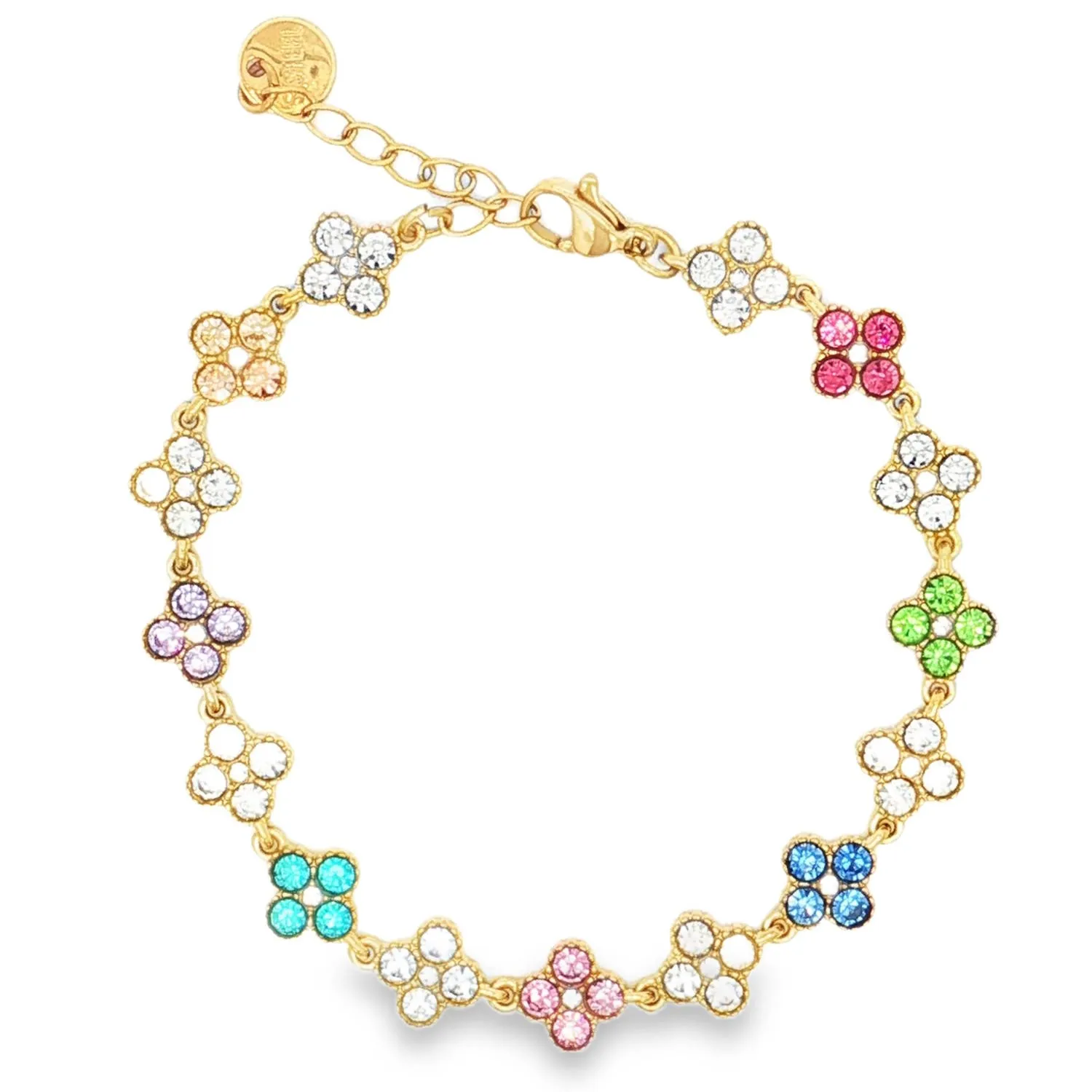 Bracelet acier doré à maillons trèfle sertis de cristaux multicolores