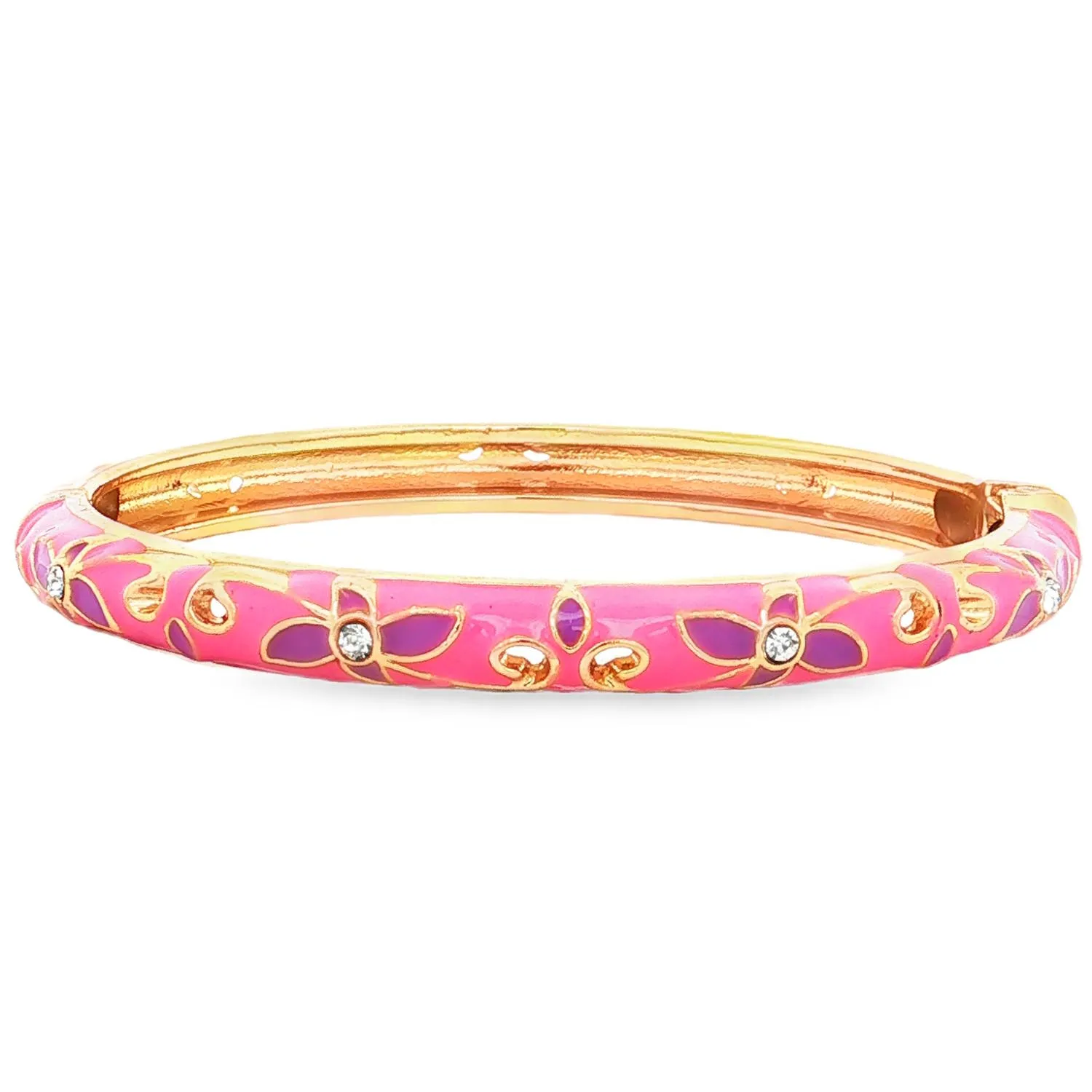 Jonc émaillé rose vif à fleurs violettes et strass