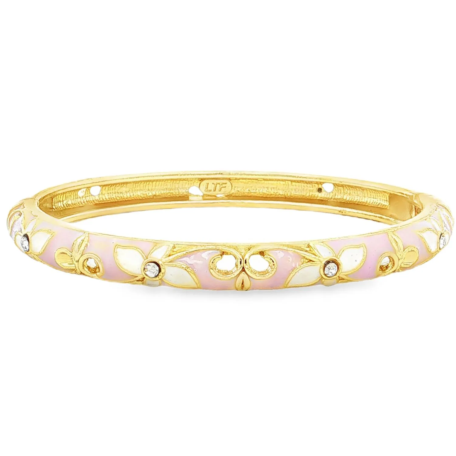 Jonc émaillé rose pastel à fleurs blanches et cristaux