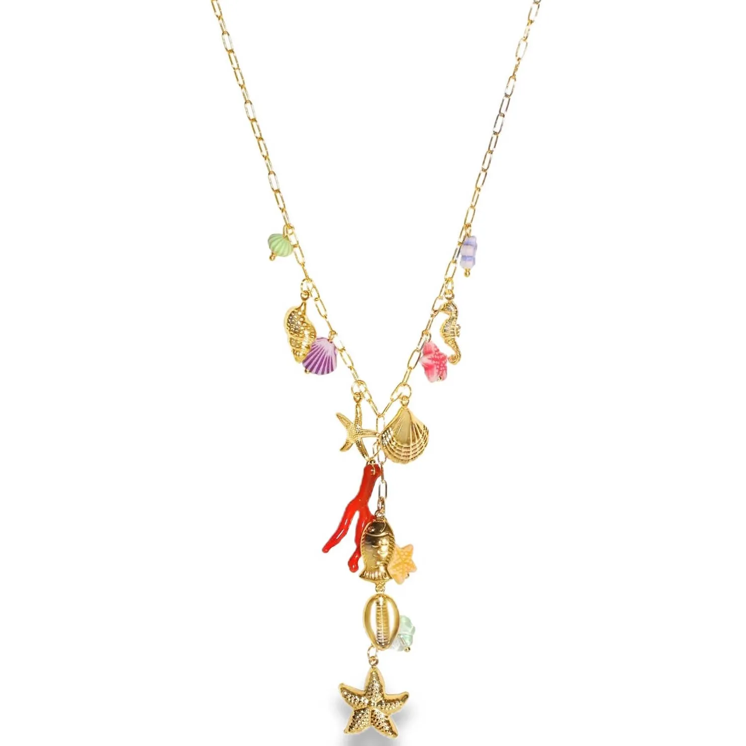 Collier doré en Y à pampilles marines colorées