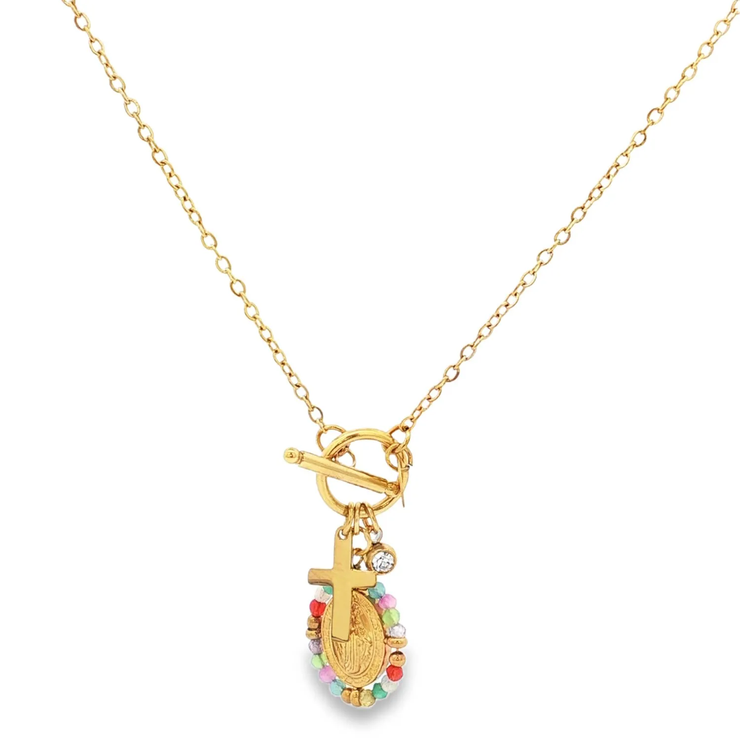 Collier doré à pendentif croix et médaille sertie de cristaux colorés