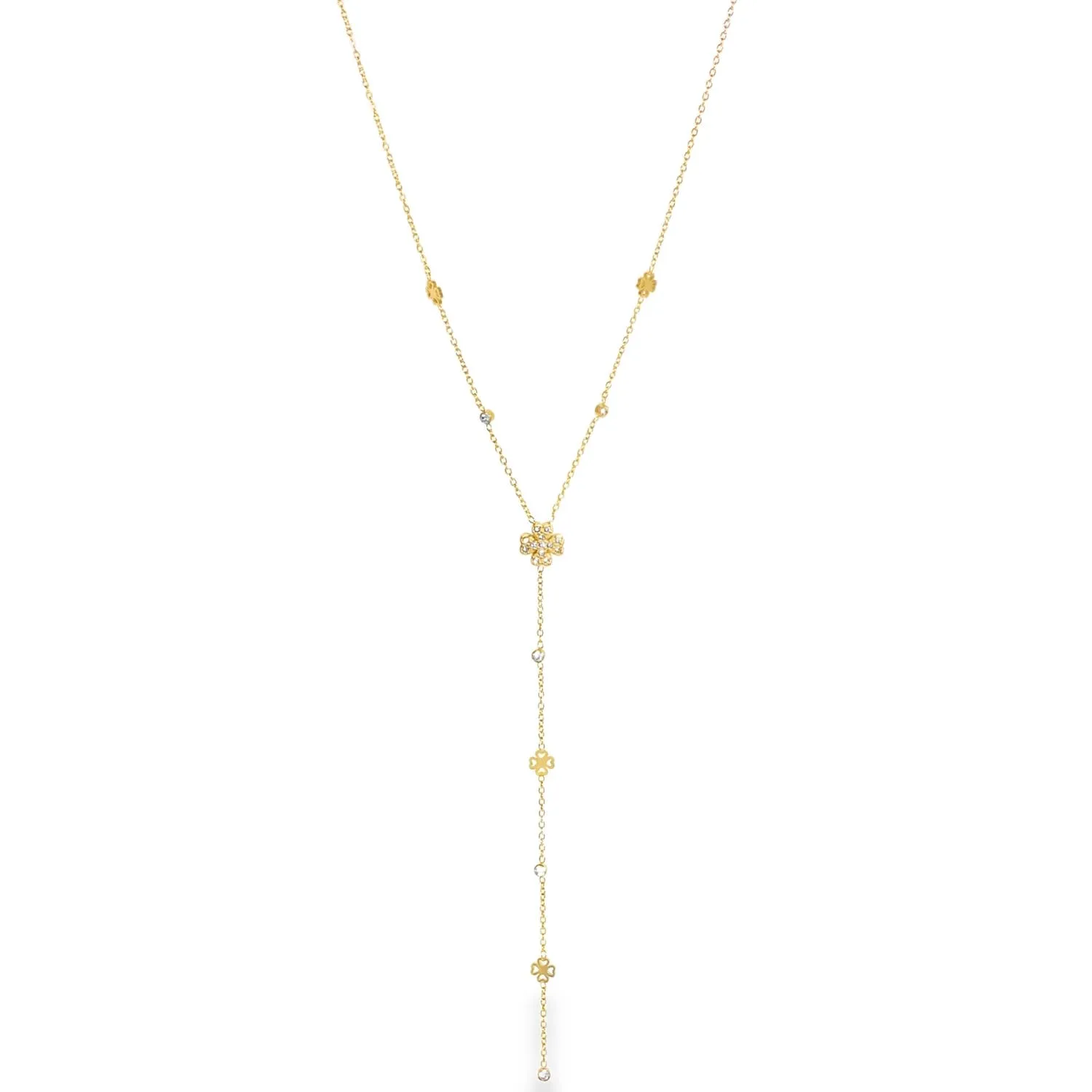 Collier cravate doré à trèfles et motif central pavé de cristaux