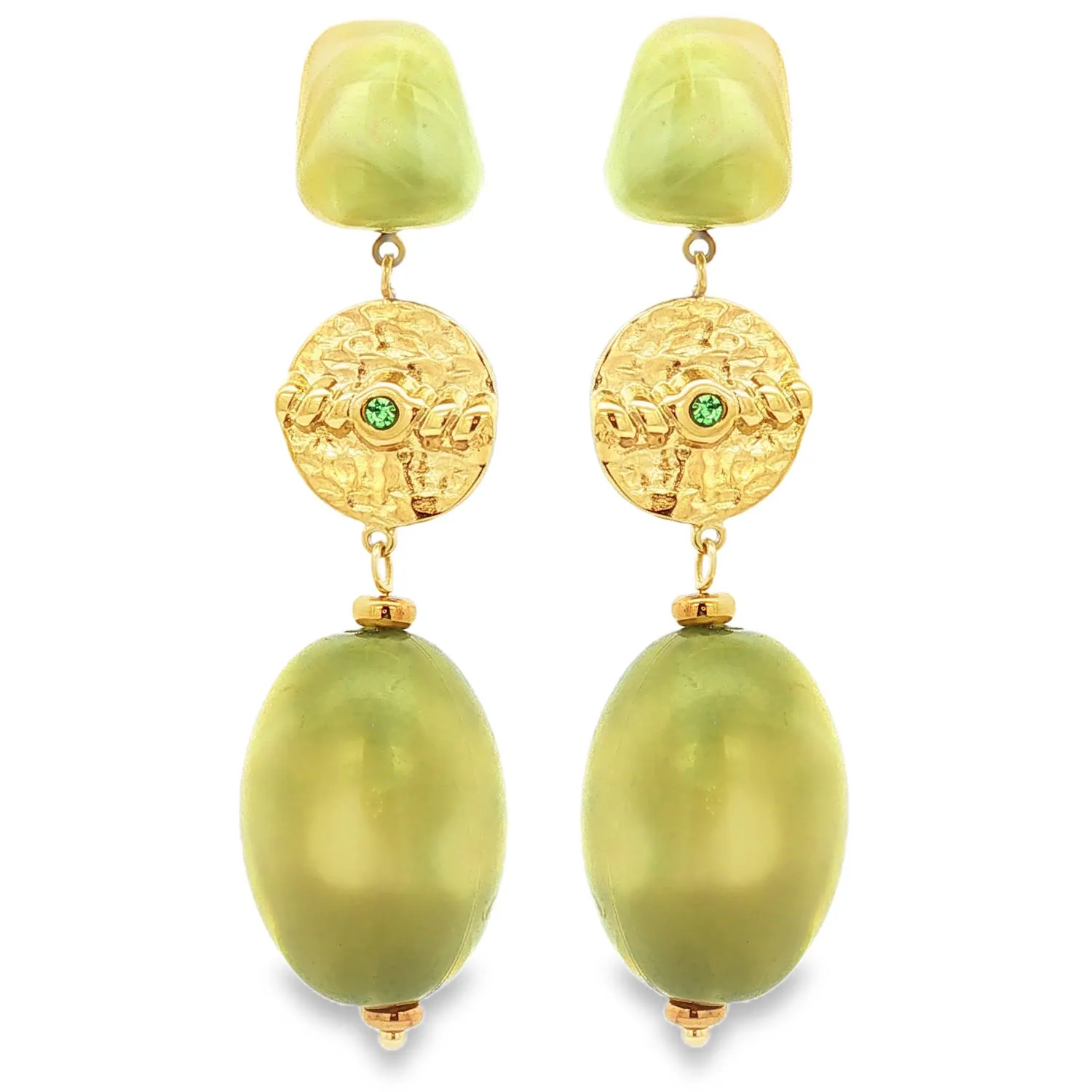 Boucles pendantes vert d'eau à cabochon, cristal et perle ovale