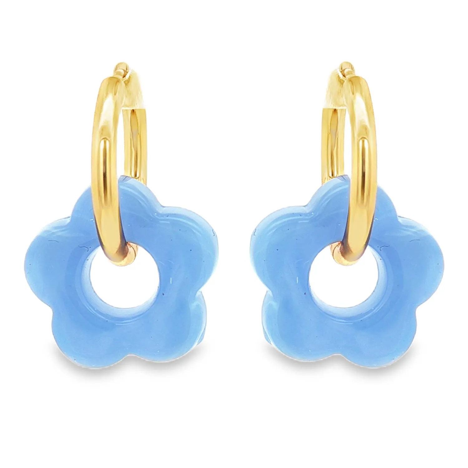 Créoles dorées avec pendentif fleur bleu azur