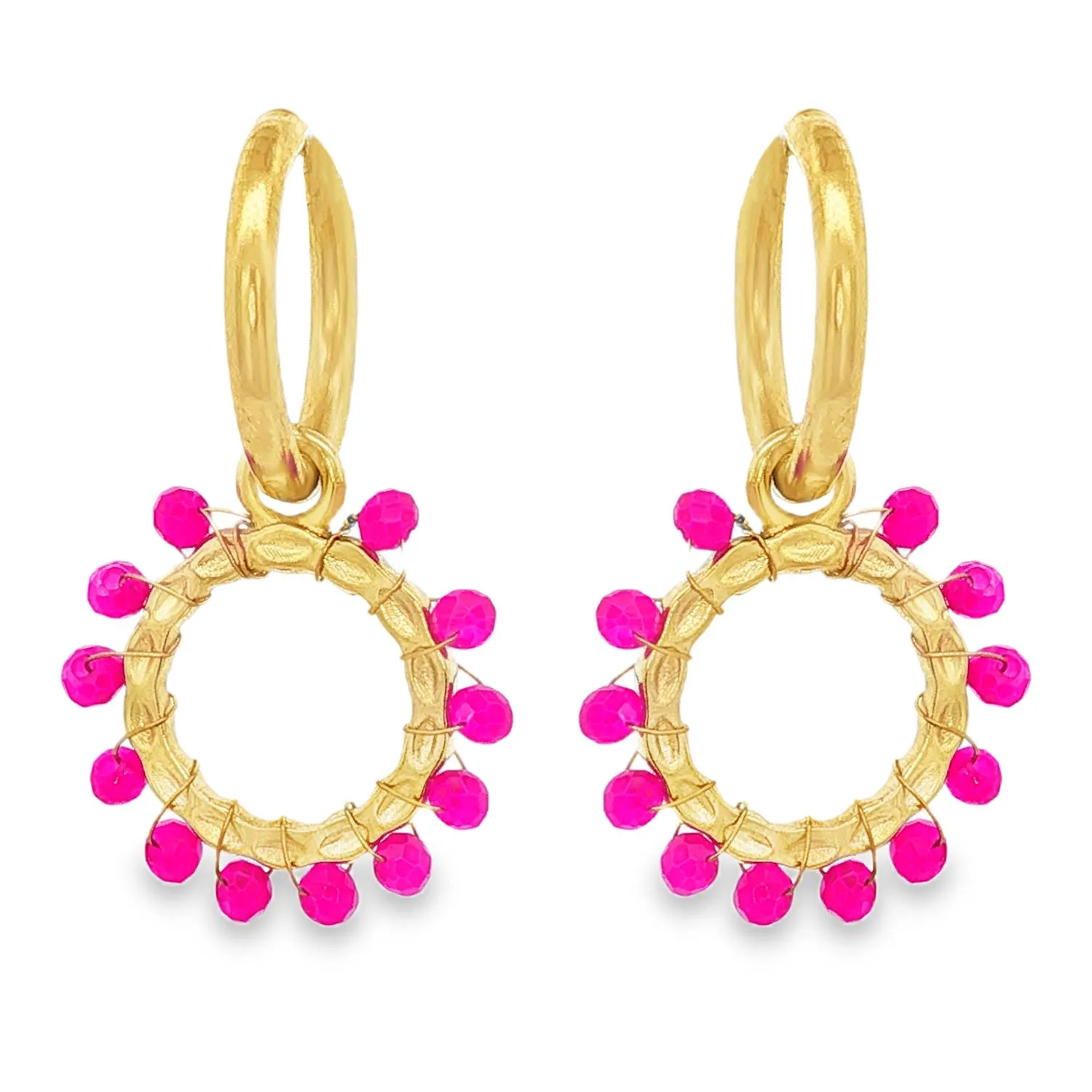 Créoles dorées bordées de perles rose fuchsia