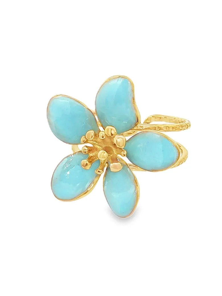 Bague ajustable en acier doré avec fleur en émail bleu azur