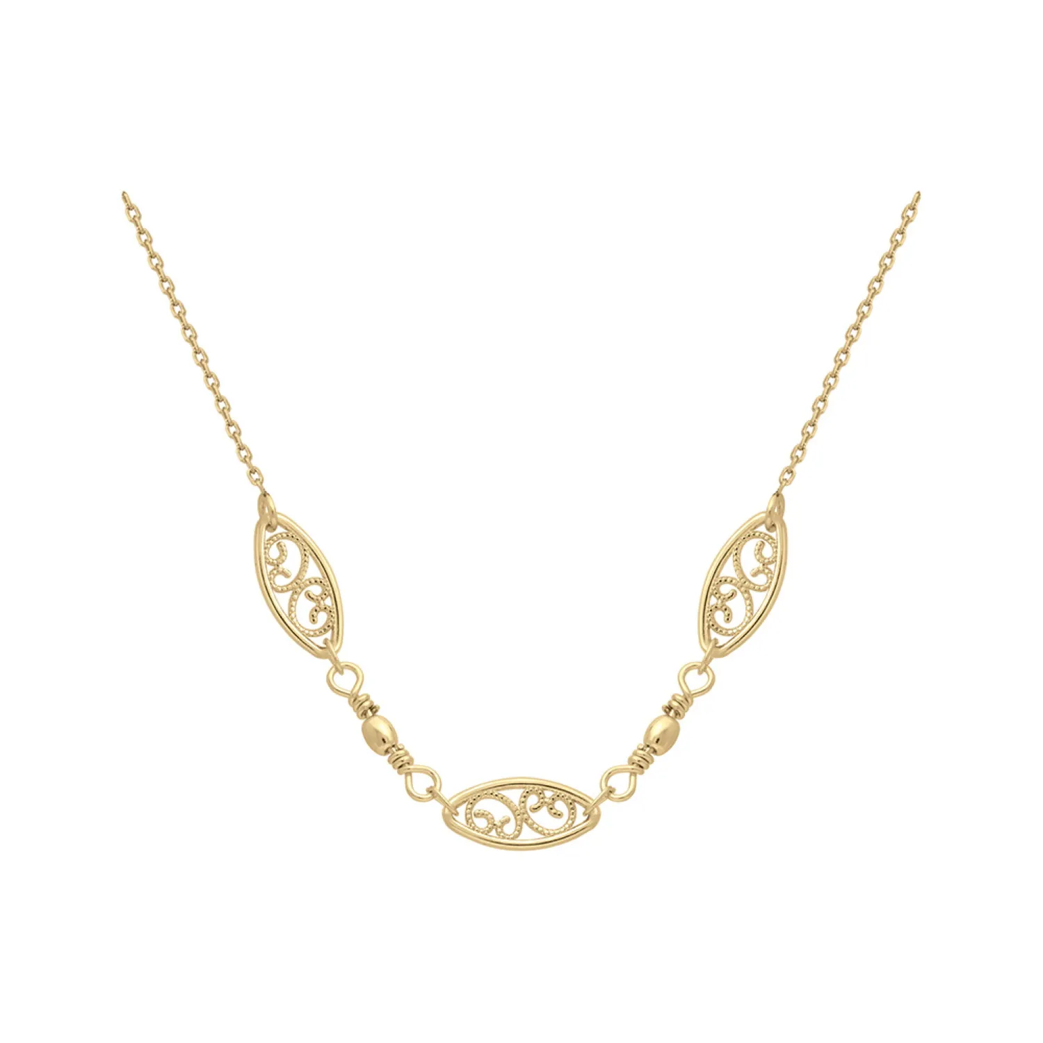 Collier en plaqué or à trois motifs filigranes ajourés sur chaîne fine