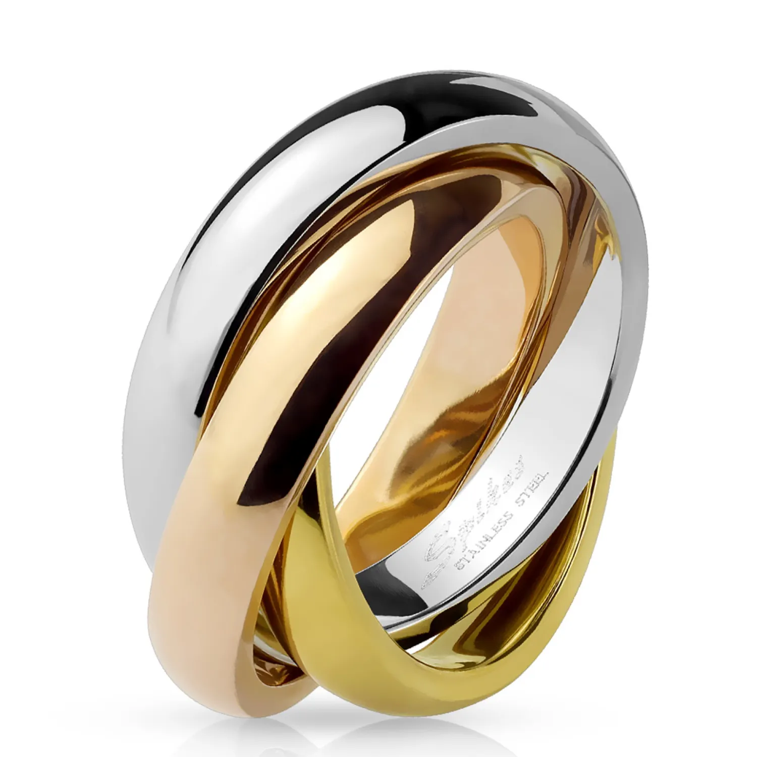 Bague à trois anneaux entrelacés doré, argenté et rosé