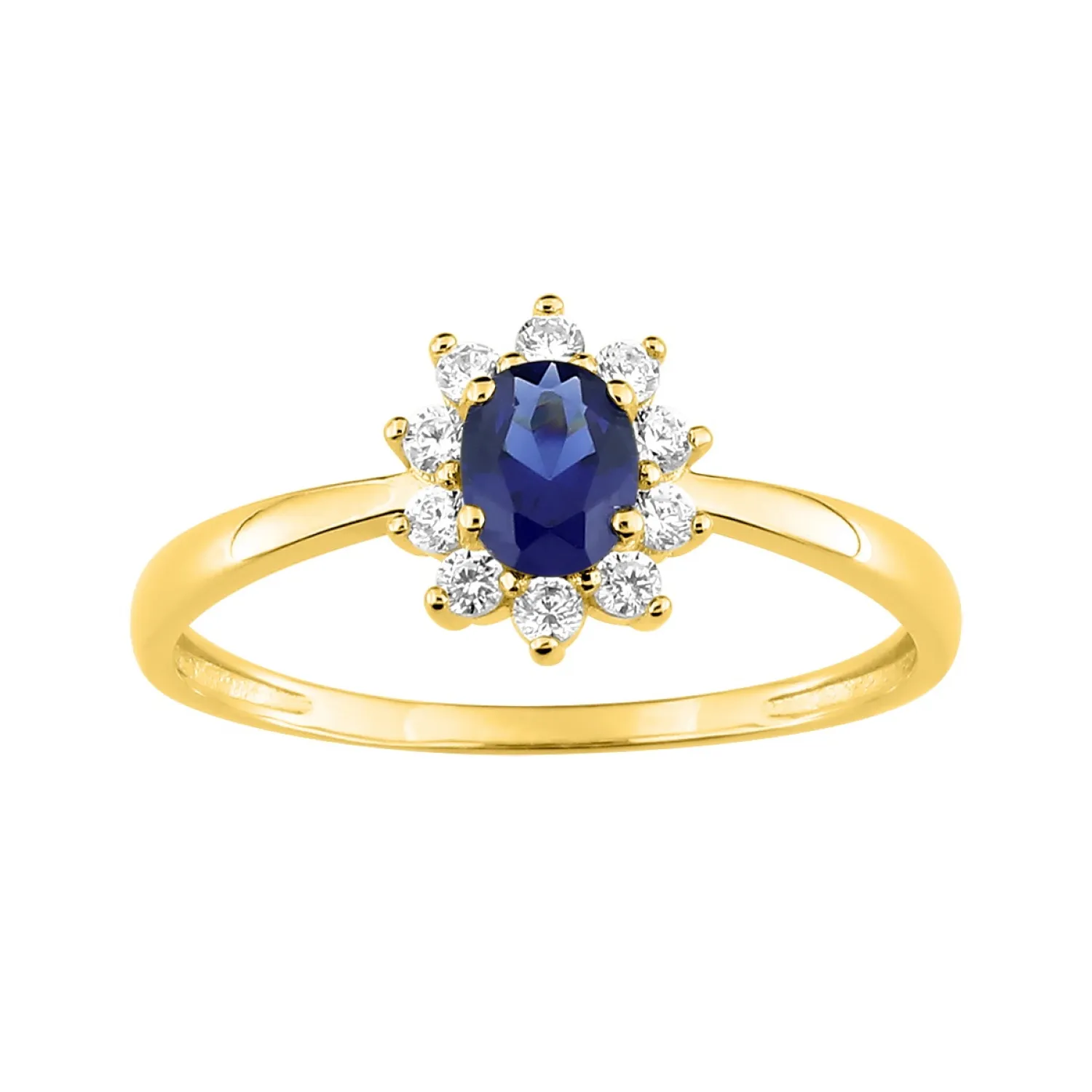 Bague plaqué or sertie d'un zirconium bleu entouré de pierres incolores